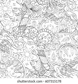 Tracery seamless calming pattern. Mehndi design. Ethnic monochrome binary doodle texture. Curved doodling black and white background. Vector.