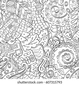 Tracery seamless calming pattern. Mehndi design. Ethnic monochrome binary doodle texture. Curved doodling black and white background. Vector.