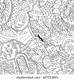 Tracery seamless calming pattern. Mehndi design. Ethnic monochrome binary doodle texture. Curved doodling black and white background. Vector.