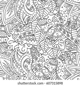 Tracery seamless calming pattern. Mehndi design. Ethnic monochrome binary doodle texture. Curved doodling black and white background. Vector.
