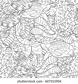 Tracery seamless calming pattern. Mehndi design. Ethnic monochrome binary doodle texture. Curved doodling black and white background. Vector.