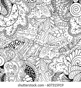 Tracery seamless calming pattern. Mehndi design. Ethnic monochrome binary doodle texture. Curved doodling black and white background. Vector.