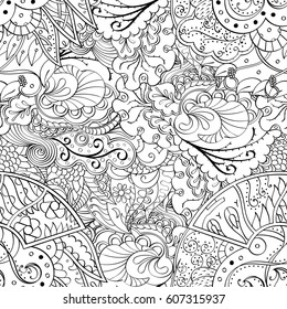 Tracery seamless calming pattern. Mehndi design. Ethnic monochrome binary doodle texture. Curved doodling black and white background. Vector.