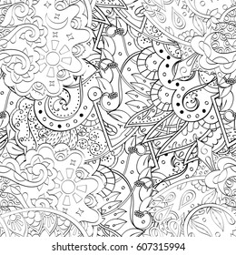Tracery seamless calming pattern. Mehndi design. Ethnic monochrome binary doodle texture. Curved doodling black and white background. Vector.