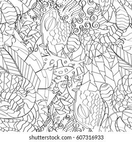 Tracery seamless calming pattern. Mehndi design. Ethnic monochrome binary doodle texture. Curved doodling black and white background. Vector.