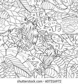 Tracery seamless calming pattern. Mehndi design. Ethnic monochrome binary doodle texture. Curved doodling black and white background. Vector.