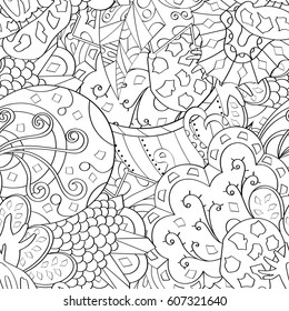 Tracery seamless calming pattern. Mehndi design. Ethnic monochrome binary doodle texture. Curved doodling black and white background. Vector.