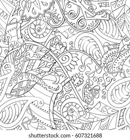 Tracery seamless calming pattern. Mehndi design. Ethnic monochrome binary doodle texture. Curved doodling black and white background. Vector.