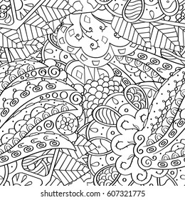 Tracery seamless calming pattern. Mehndi design. Ethnic monochrome binary doodle texture. Curved doodling black and white background. Vector.