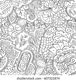 Tracery seamless calming pattern. Mehndi design. Ethnic monochrome binary doodle texture. Curved doodling black and white background. Vector.