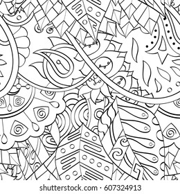 Tracery seamless calming pattern. Mehndi design. Ethnic monochrome binary doodle texture. Curved doodling black and white background. Vector.