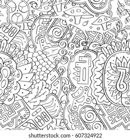 Tracery seamless calming pattern. Mehndi design. Ethnic monochrome binary doodle texture. Curved doodling black and white background. Vector.