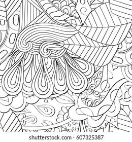 Tracery seamless calming pattern. Mehndi design. Ethnic monochrome binary doodle texture. Curved doodling black and white background. Vector.