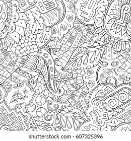 Tracery seamless calming pattern. Mehndi design. Ethnic monochrome binary doodle texture. Curved doodling black and white background. Vector.