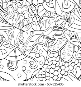 Tracery seamless calming pattern. Mehndi design. Ethnic monochrome binary doodle texture. Curved doodling black and white background. Vector.
