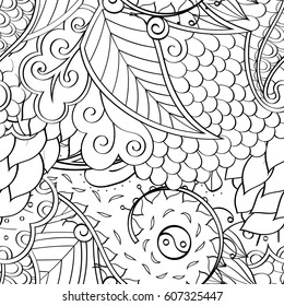 Tracery seamless calming pattern. Mehndi design. Ethnic monochrome binary doodle texture. Curved doodling black and white background. Vector.