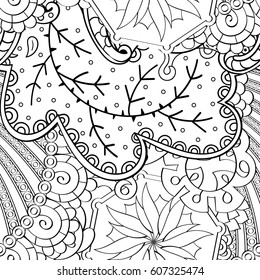 Tracery seamless calming pattern. Mehndi design. Ethnic monochrome binary doodle texture. Curved doodling black and white background. Vector.