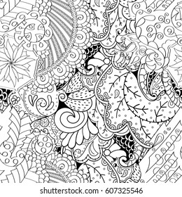 Tracery seamless calming pattern. Mehndi design. Ethnic monochrome binary doodle texture. Curved doodling black and white background. Vector.