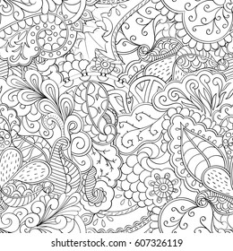 Tracery seamless calming pattern. Mehndi design. Ethnic monochrome binary doodle texture. Curved doodling black and white background. Vector.