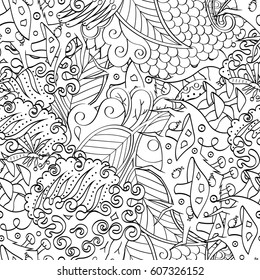 Tracery seamless calming pattern. Mehndi design. Ethnic monochrome binary doodle texture. Curved doodling black and white background. Vector.