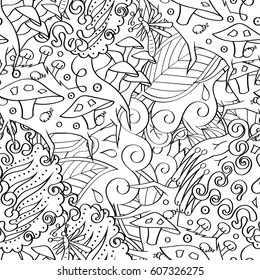 Tracery seamless calming pattern. Mehndi design. Ethnic monochrome binary doodle texture. Curved doodling black and white background. Vector.