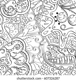 Tracery seamless calming pattern. Mehndi design. Ethnic monochrome binary doodle texture. Curved doodling black and white background. Vector.