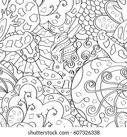 Tracery seamless calming pattern. Mehndi design. Ethnic monochrome binary doodle texture. Curved doodling black and white background. Vector.