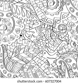 Tracery seamless calming pattern. Mehndi design. Ethnic monochrome binary doodle texture. Curved doodling black and white background. Vector.