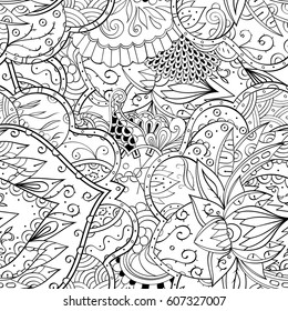 Tracery seamless calming pattern. Mehndi design. Ethnic monochrome binary doodle texture. Curved doodling black and white background. Vector.