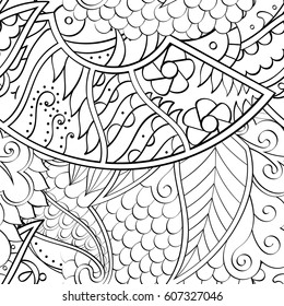 Tracery seamless calming pattern. Mehndi design. Ethnic monochrome binary doodle texture. Curved doodling black and white background. Vector.