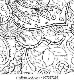 Tracery seamless calming pattern. Mehndi design. Ethnic monochrome binary doodle texture. Curved doodling black and white background. Vector.