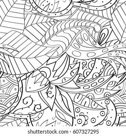 Tracery seamless calming pattern. Mehndi design. Ethnic monochrome binary doodle texture. Curved doodling black and white background. Vector.