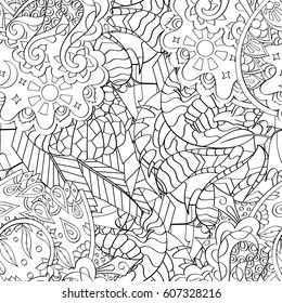 Tracery seamless calming pattern. Mehndi design. Ethnic monochrome binary doodle texture. Curved doodling black and white background. Vector.