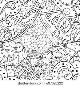 Tracery seamless calming pattern. Mehndi design. Ethnic monochrome binary doodle texture. Curved doodling black and white background. Vector.