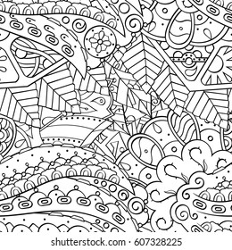 Tracery seamless calming pattern. Mehndi design. Ethnic monochrome binary doodle texture. Curved doodling black and white background. Vector.