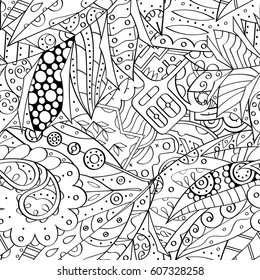 Tracery seamless calming pattern. Mehndi design. Ethnic monochrome binary doodle texture. Curved doodling black and white background. Vector.