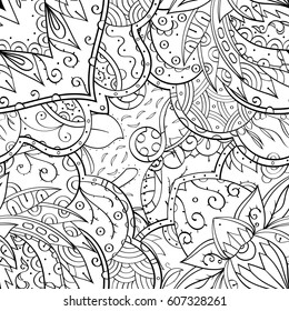 Tracery seamless calming pattern. Mehndi design. Ethnic monochrome binary doodle texture. Curved doodling black and white background. Vector.