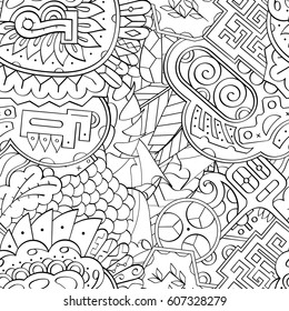 Tracery seamless calming pattern. Mehndi design. Ethnic monochrome binary doodle texture. Curved doodling black and white background. Vector.
