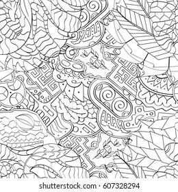 Tracery seamless calming pattern. Mehndi design. Ethnic monochrome binary doodle texture. Curved doodling black and white background. Vector.