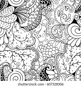 Tracery seamless calming pattern. Mehndi design. Ethnic monochrome binary doodle texture. Curved doodling black and white background. Vector.