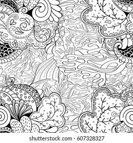 Tracery seamless calming pattern. Mehndi design. Ethnic monochrome binary doodle texture. Curved doodling black and white background. Vector.