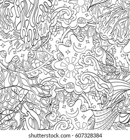 Tracery seamless calming pattern. Mehndi design. Ethnic monochrome binary doodle texture. Curved doodling black and white background. Vector.