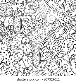 Tracery seamless calming pattern. Mehndi design. Ethnic monochrome binary doodle texture. Curved doodling black and white background. Vector.