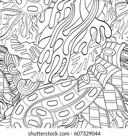 Tracery seamless calming pattern. Mehndi design. Ethnic monochrome binary doodle texture. Curved doodling black and white background. Vector.