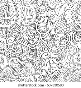 Tracery seamless calming pattern. Mehndi design. Ethnic monochrome binary doodle texture. Curved doodling black and white background. Vector.