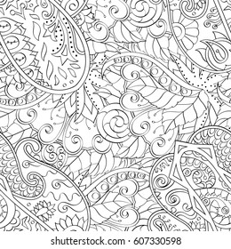 Tracery seamless calming pattern. Mehndi design. Ethnic monochrome binary doodle texture. Curved doodling black and white background. Vector.