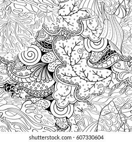 Tracery seamless calming pattern. Mehndi design. Ethnic monochrome binary doodle texture. Curved doodling black and white background. Vector.