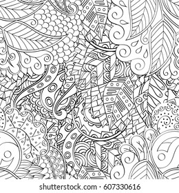 Tracery seamless calming pattern. Mehndi design. Ethnic monochrome binary doodle texture. Curved doodling black and white background. Vector.