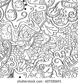 Tracery seamless calming pattern. Mehndi design. Ethnic monochrome binary doodle texture. Curved doodling black and white background. Vector.