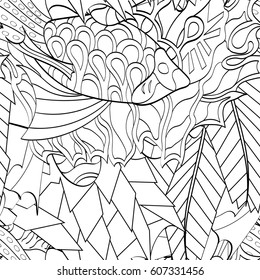 Tracery seamless calming pattern. Mehndi design. Ethnic monochrome binary doodle texture. Curved doodling black and white background. Vector.